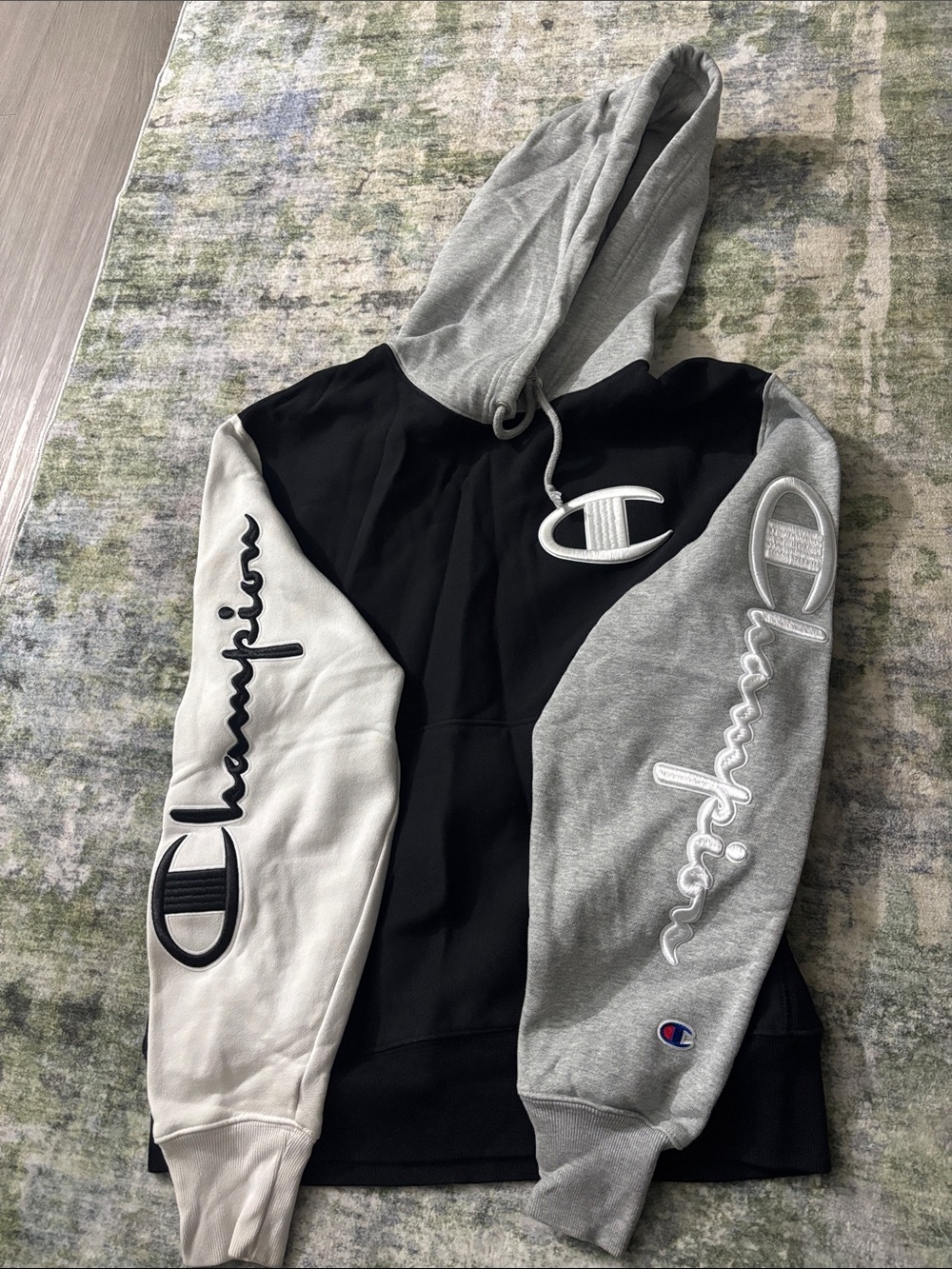 Champion Black, Gray & White Colorblock Crewneck Hoodie